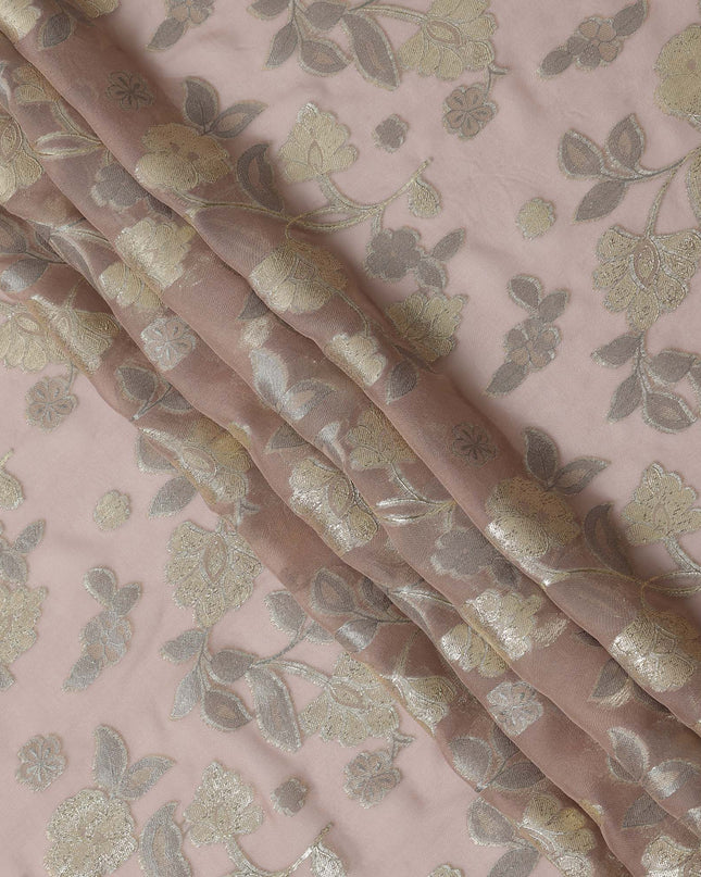Blush Pink Gold Metallic Floral Embroidered Design Premium Silk Chiffon Fabric, 110 Cms Width, Made in South Korea-D25973