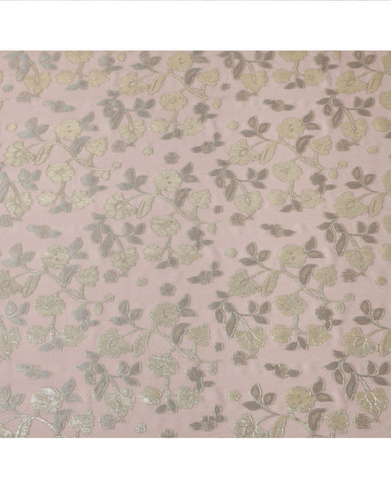 Blush Pink Gold Metallic Floral Embroidered Design Premium Silk Chiffon Fabric, 110 Cms Width, Made in South Korea-D25973