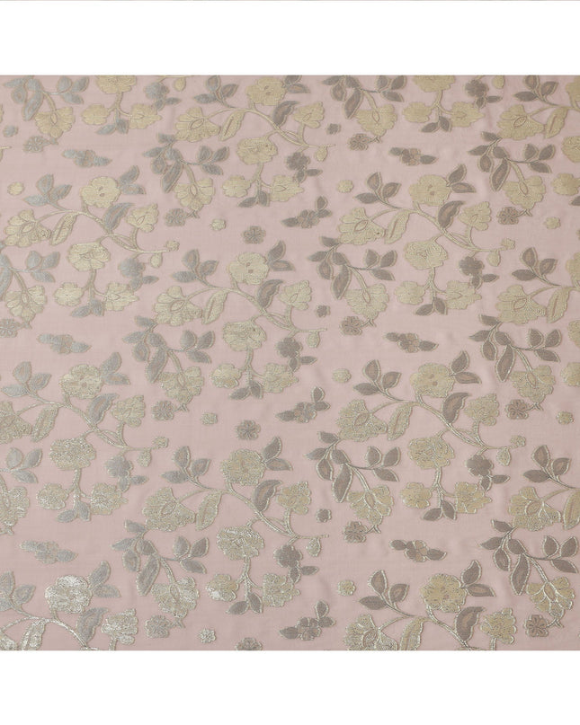 Blush Pink Gold Metallic Floral Embroidered Design Premium Silk Chiffon Fabric, 110 Cms Width, Made in South Korea-D25973