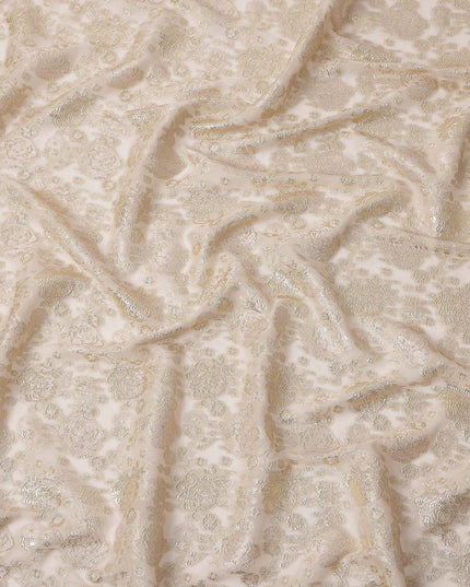 Ivory Gold Metallic Lurex Design Premium Silk Chiffon Fabric, 110 Cms Width, Made in South Korea-D25949
