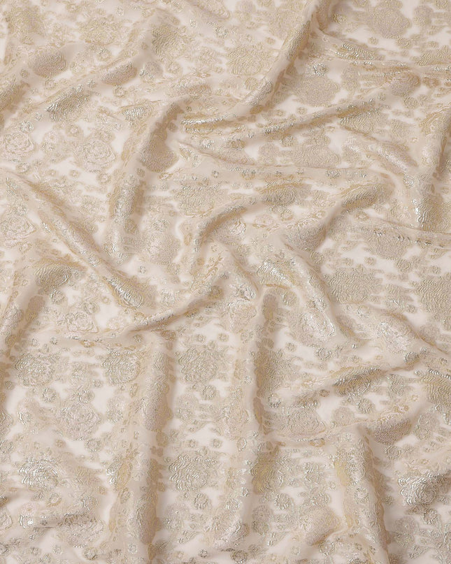 Ivory Gold Metallic Lurex Design Premium Silk Chiffon Fabric, 110 Cms Width, Made in South Korea-D25949
