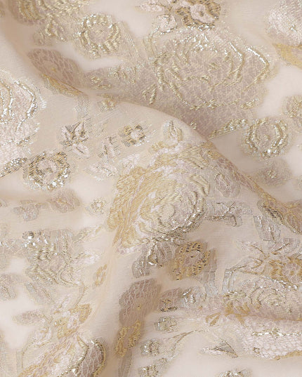 Ivory Gold Metallic Lurex Design Premium Silk Chiffon Fabric, 110 Cms Width, Made in South Korea-D25949