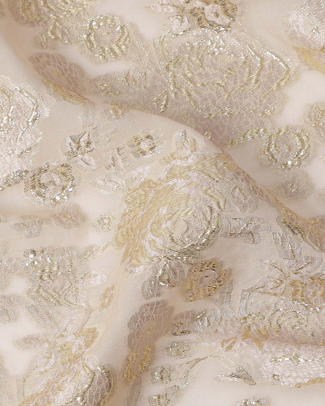 Ivory Gold Metallic Lurex Design Premium Silk Chiffon Fabric, 110 Cms Width, Made in South Korea-D25949