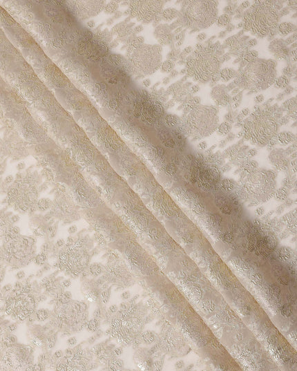 Ivory Gold Metallic Lurex Design Premium Silk Chiffon Fabric, 110 Cms Width, Made in South Korea-D25949