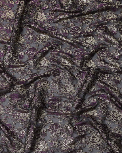 Black Purple Gold Metallic Lurex Design Premium Silk Chiffon Fabric, 110 Cms Width, Made in South Korea-D25952