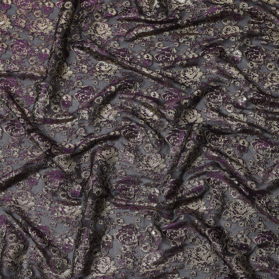 Black Purple Gold Metallic Lurex Design Premium Silk Chiffon Fabric, 110 Cms Width, Made in South Korea-D25952