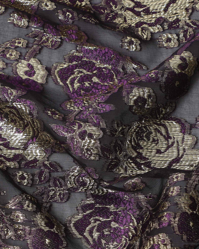 Black Purple Gold Metallic Lurex Design Premium Silk Chiffon Fabric, 110 Cms Width, Made in South Korea-D25952