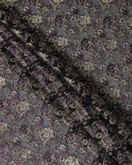 Black Purple Gold Metallic Lurex Design Premium Silk Chiffon Fabric, 110 Cms Width, Made in South Korea-D25952