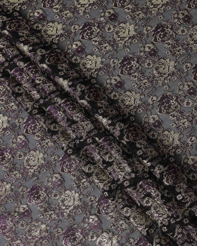 Black Purple Gold Metallic Lurex Design Premium Silk Chiffon Fabric, 110 Cms Width, Made in South Korea-D25952