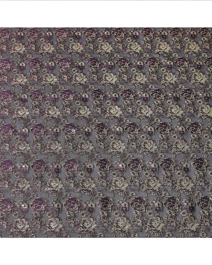 Black Purple Gold Metallic Lurex Design Premium Silk Chiffon Fabric, 110 Cms Width, Made in South Korea-D25952