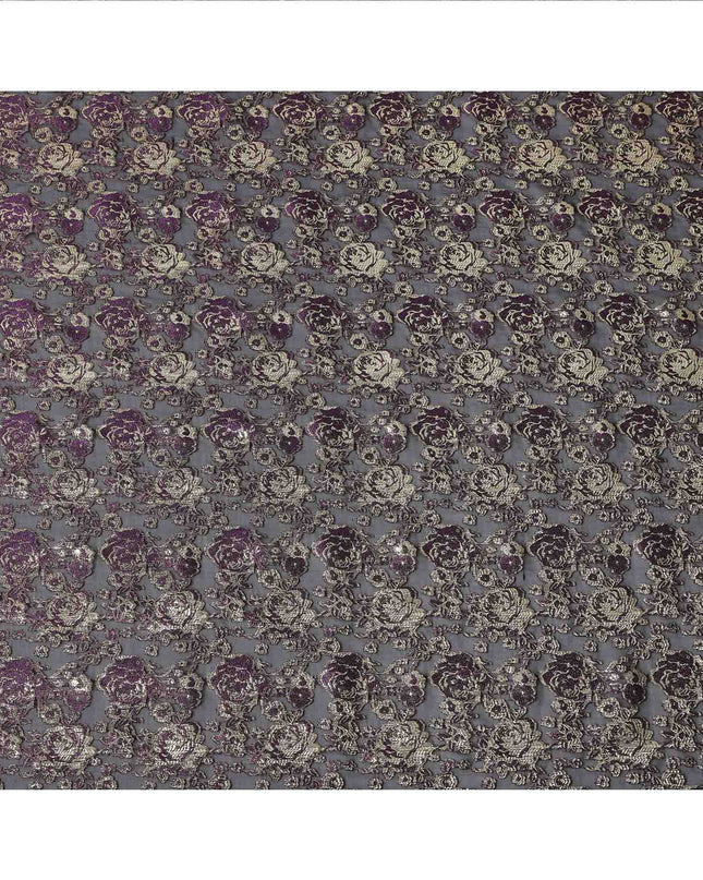 Black Purple Gold Metallic Lurex Design Premium Silk Chiffon Fabric, 110 Cms Width, Made in South Korea-D25952