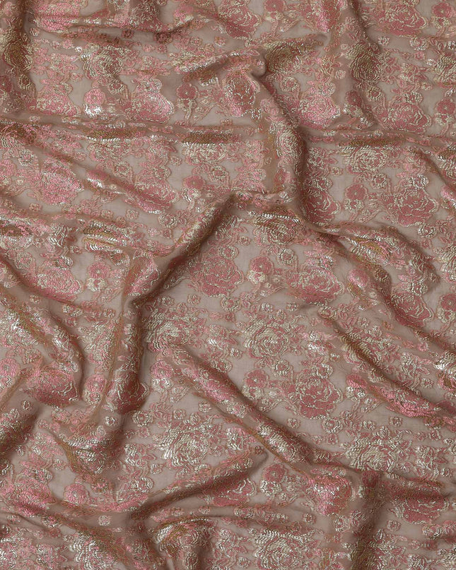 Brown Gold Metallic Lurex Design Premium Silk Chiffon Fabric, 110 Cms Width, Made in South Korea-D25950