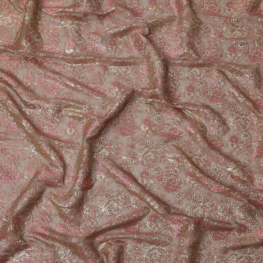 Brown Gold Metallic Lurex Design Premium Silk Chiffon Fabric, 110 Cms Width, Made in South Korea-D25950