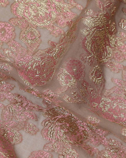 Brown Gold Metallic Lurex Design Premium Silk Chiffon Fabric, 110 Cms Width, Made in South Korea-D25950