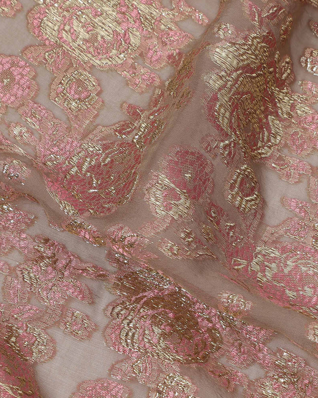 Brown Gold Metallic Lurex Design Premium Silk Chiffon Fabric, 110 Cms Width, Made in South Korea-D25950