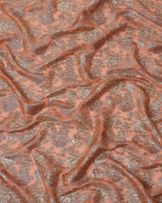 Peach Gold Metallic Lurex Design Premium Silk Chiffon Fabric, 110 Cms Width, Made in South Korea-D25954