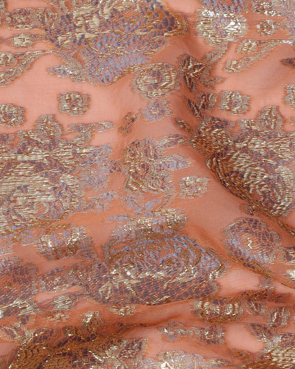 Peach Gold Metallic Lurex Design Premium Silk Chiffon Fabric, 110 Cms Width, Made in South Korea-D25954