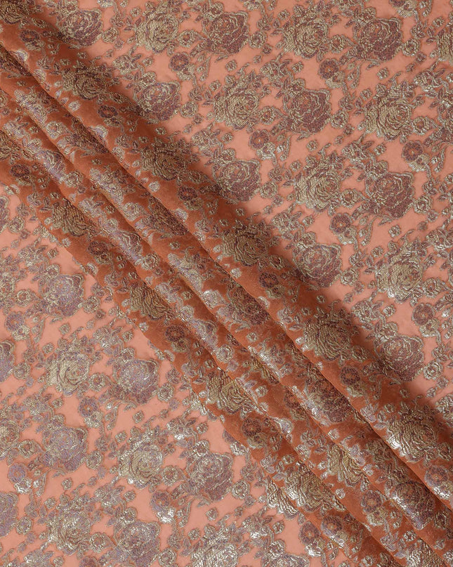 Peach Gold Metallic Lurex Design Premium Silk Chiffon Fabric, 110 Cms Width, Made in South Korea-D25954