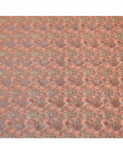 Peach Gold Metallic Lurex Design Premium Silk Chiffon Fabric, 110 Cms Width, Made in South Korea-D25954