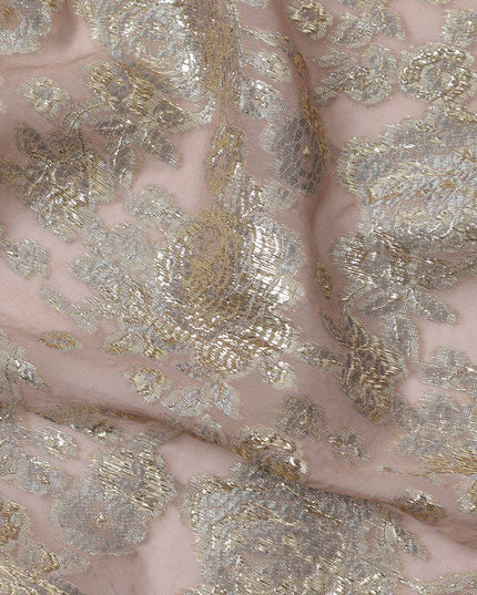 Blush Pink Gold Metallic Lurex Design Premium Silk Chiffon Fabric, 110 Cms Width, Made in South Korea-D25951