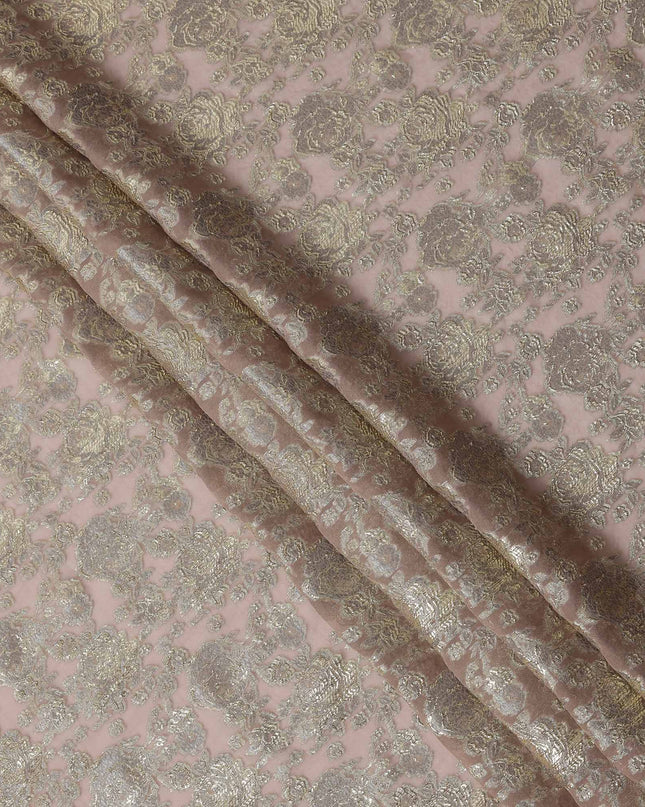 Blush Pink Gold Metallic Lurex Design Premium Silk Chiffon Fabric, 110 Cms Width, Made in South Korea-D25951