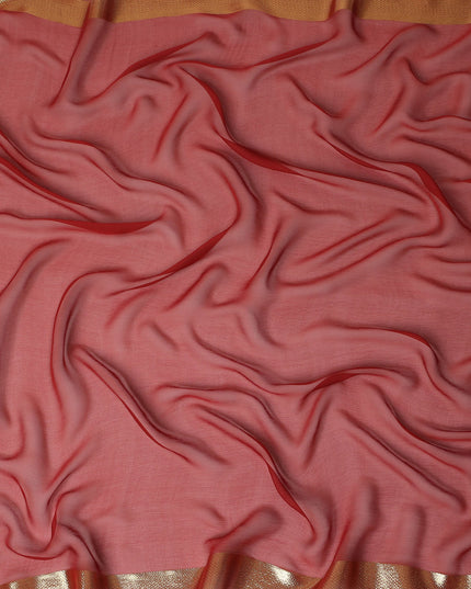 Coral Red Wrinkle Silk Chiffon Fabric with Golden Border Stripe Lightweight Sheer Textured Fabric for Sarees Dresses Dupattas and Crafts 110 Cms Wide South Korea Origin-D27668 Regal Fabrics