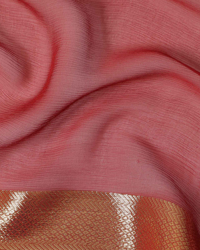 Coral Red Wrinkle Silk Chiffon Fabric with Golden Border Stripe Lightweight Sheer Textured Fabric for Sarees Dresses Dupattas and Crafts 110 Cms Wide South Korea Origin-D27668