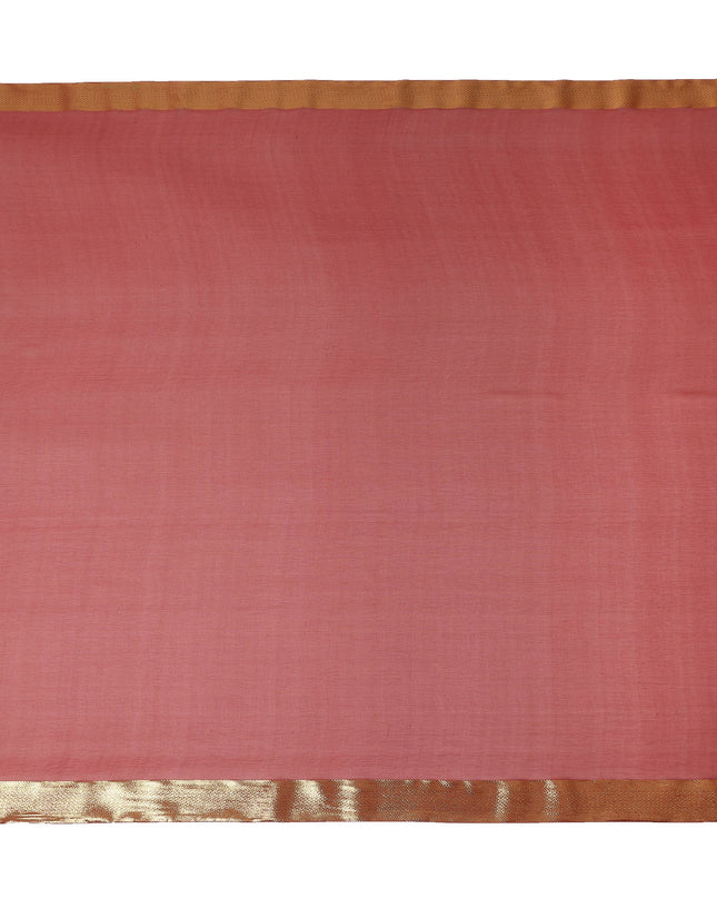 Coral Red Wrinkle Silk Chiffon Fabric with Golden Border Stripe Lightweight Sheer Textured Fabric for Sarees Dresses Dupattas and Crafts 110 Cms Wide South Korea Origin-D27668