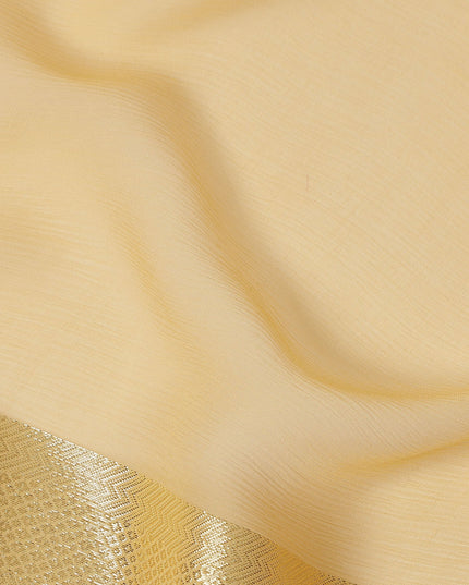 Yellow Wrinkle Silk Chiffon Fabric with Golden Border Stripe Lightweight Sheer Textured Fabric for Sarees Dresses Dupattas and Crafts 110 Cms Wide South Korea Origin-D27666 Regal Fabrics