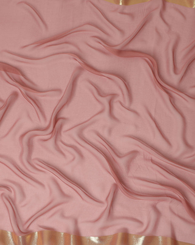 Pink Wrinkle Silk Chiffon Fabric with Golden Border Stripe Lightweight Sheer Textured Fabric for Sarees Dresses Dupattas and Crafts 110 Cms Wide South Korea Origin-D27659
