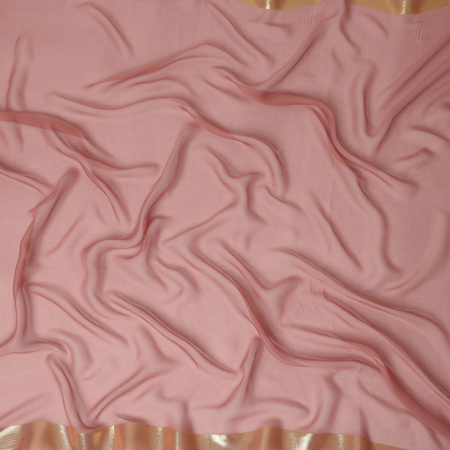 Pink Wrinkle Silk Chiffon Fabric with Golden Border Stripe Lightweight Sheer Textured Fabric for Sarees Dresses Dupattas and Crafts 110 Cms Wide South Korea Origin-D27659