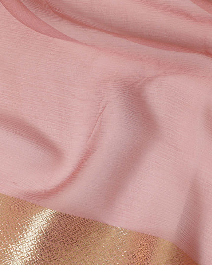 Pink Wrinkle Silk Chiffon Fabric with Golden Border Stripe Lightweight Sheer Textured Fabric for Sarees Dresses Dupattas and Crafts 110 Cms Wide South Korea Origin-D27659