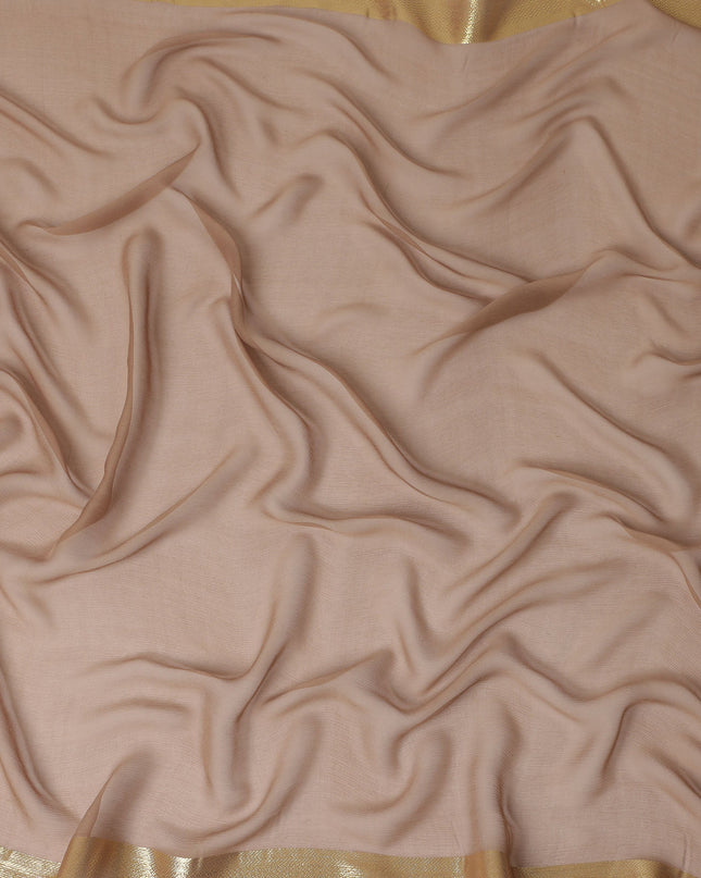 Brown Wrinkle Silk Chiffon Fabric with Golden Border Stripe Lightweight Sheer Textured Fabric for Sarees Dresses Dupattas and Crafts 110 Cms Wide South Korea Origin-D27665