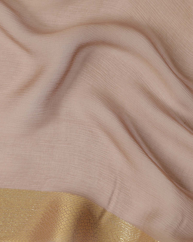 Brown Wrinkle Silk Chiffon Fabric with Golden Border Stripe Lightweight Sheer Textured Fabric for Sarees Dresses Dupattas and Crafts 110 Cms Wide South Korea Origin-D27665