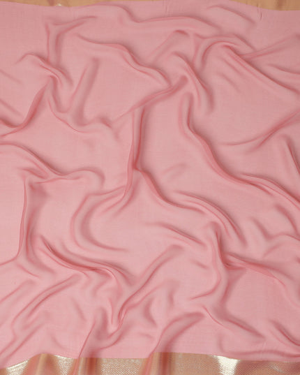 Pink Wrinkle Silk Chiffon Fabric with Golden Border Stripe Lightweight Sheer Textured Fabric for Sarees Dresses Dupattas and Crafts 110 Cms Wide South Korea Origin-D27662