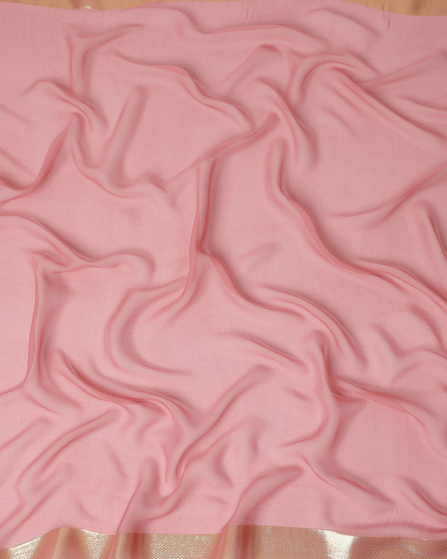 Pink Wrinkle Silk Chiffon Fabric with Golden Border Stripe Lightweight Sheer Textured Fabric for Sarees Dresses Dupattas and Crafts 110 Cms Wide South Korea Origin-D27662