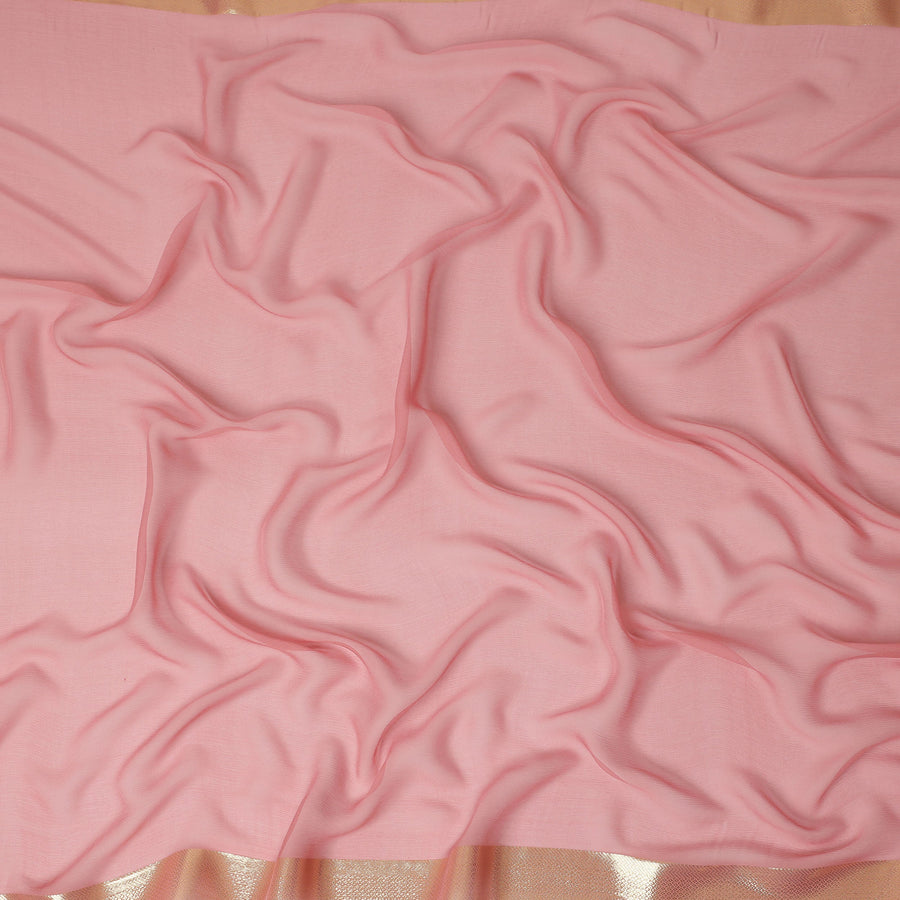 Pink Wrinkle Silk Chiffon Fabric with Golden Border Stripe Lightweight Sheer Textured Fabric for Sarees Dresses Dupattas and Crafts 110 Cms Wide South Korea Origin-D27662