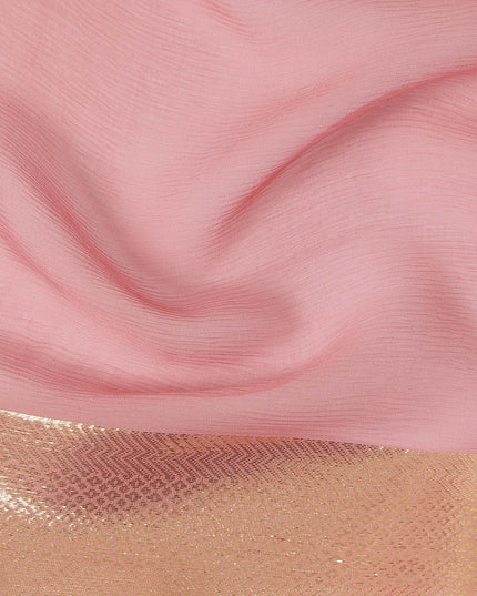 Pink Wrinkle Silk Chiffon Fabric with Golden Border Stripe Lightweight Sheer Textured Fabric for Sarees Dresses Dupattas and Crafts 110 Cms Wide South Korea Origin-D27662