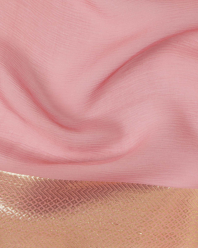 Pink Wrinkle Silk Chiffon Fabric with Golden Border Stripe Lightweight Sheer Textured Fabric for Sarees Dresses Dupattas and Crafts 110 Cms Wide South Korea Origin-D27662