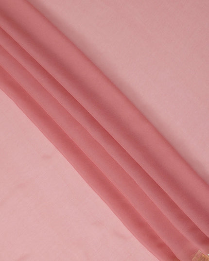 Pink Wrinkle Silk Chiffon Fabric with Golden Border Stripe Lightweight Sheer Textured Fabric for Sarees Dresses Dupattas and Crafts 110 Cms Wide South Korea Origin-D27662