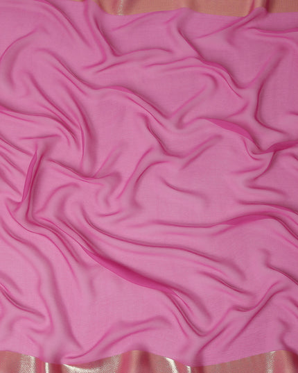 Hot Pink Wrinkle Silk Chiffon Fabric with Golden Border Stripe Lightweight Sheer Textured Fabric for Sarees Dresses Dupattas and Crafts 110 Cms Wide South Korea Origin-D27667 Regal Fabrics
