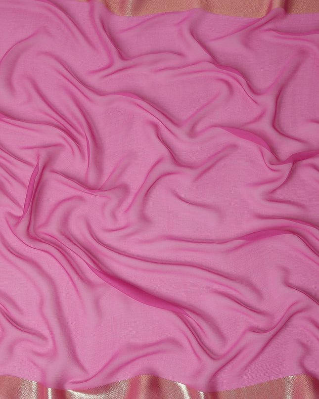 Hot Pink Wrinkle Silk Chiffon Fabric with Golden Border Stripe Lightweight Sheer Textured Fabric for Sarees Dresses Dupattas and Crafts 110 Cms Wide South Korea Origin-D27667