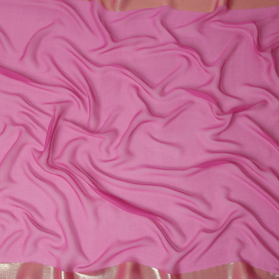 Hot Pink Wrinkle Silk Chiffon Fabric with Golden Border Stripe Lightweight Sheer Textured Fabric for Sarees Dresses Dupattas and Crafts 110 Cms Wide South Korea Origin-D27667 Regal Fabrics