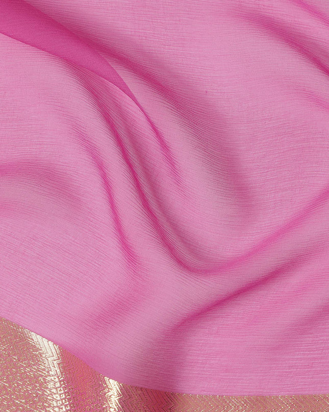 Hot Pink Wrinkle Silk Chiffon Fabric with Golden Border Stripe Lightweight Sheer Textured Fabric for Sarees Dresses Dupattas and Crafts 110 Cms Wide South Korea Origin-D27667