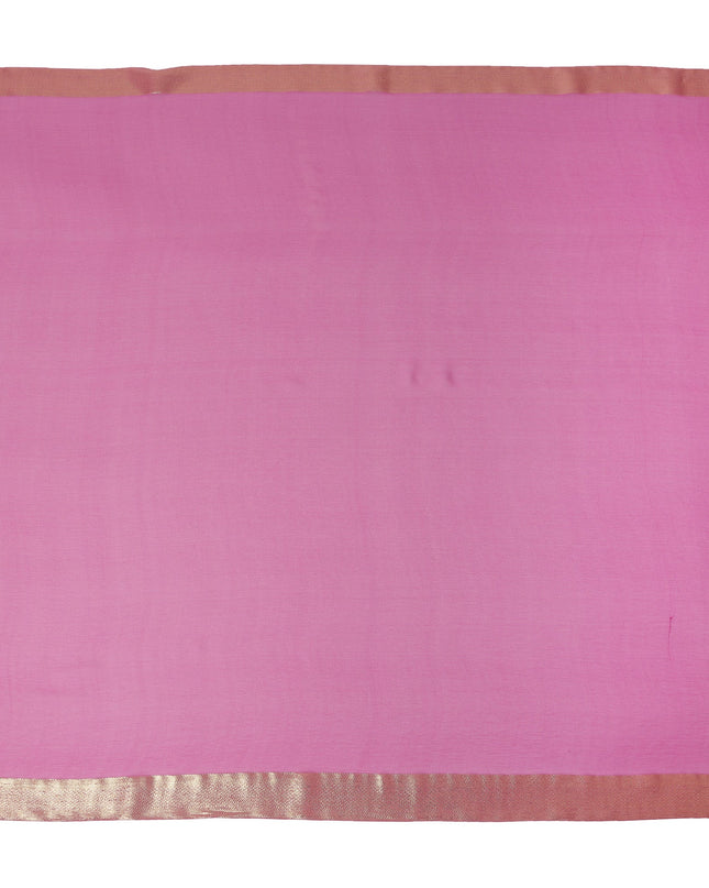 Hot Pink Wrinkle Silk Chiffon Fabric with Golden Border Stripe Lightweight Sheer Textured Fabric for Sarees Dresses Dupattas and Crafts 110 Cms Wide South Korea Origin-D27667