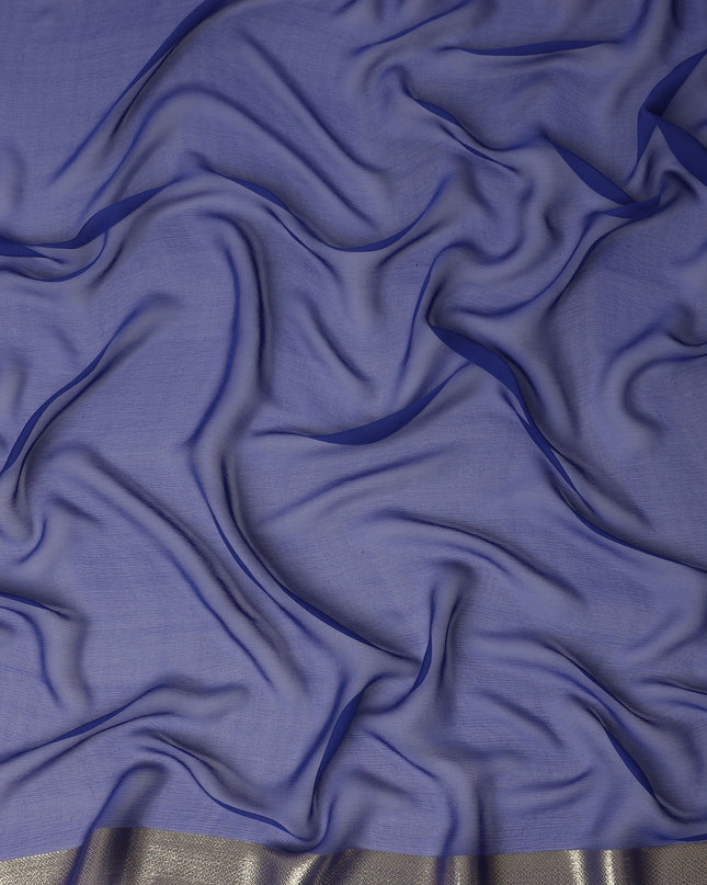 Blue Wrinkle Silk Chiffon Fabric with Golden Border Stripe Lightweight Sheer Textured Fabric for Sarees Dresses Dupattas and Crafts 110 Cms Wide South Korea Origin-D27661