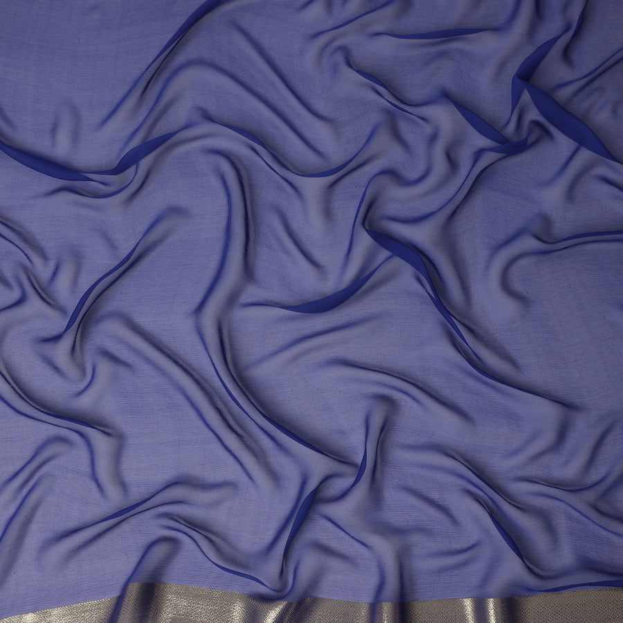 Blue Wrinkle Silk Chiffon Fabric with Golden Border Stripe Lightweight Sheer Textured Fabric for Sarees Dresses Dupattas and Crafts 110 Cms Wide South Korea Origin-D27661