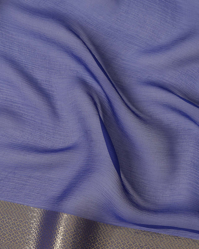 Blue Wrinkle Silk Chiffon Fabric with Golden Border Stripe Lightweight Sheer Textured Fabric for Sarees Dresses Dupattas and Crafts 110 Cms Wide South Korea Origin-D27661