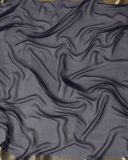 Dark Blue Wrinkle Silk Chiffon Fabric with Golden Border Stripe Lightweight Sheer Textured Fabric for Sarees Dresses Dupattas and Crafts 110 Cms Wide South Korea Origin-D27664