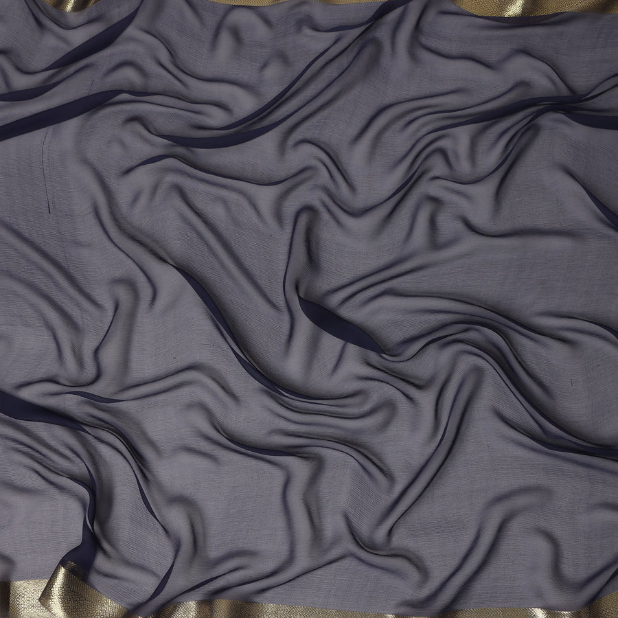Dark Blue Wrinkle Silk Chiffon Fabric with Golden Border Stripe Lightweight Sheer Textured Fabric for Sarees Dresses Dupattas and Crafts 110 Cms Wide South Korea Origin-D27664